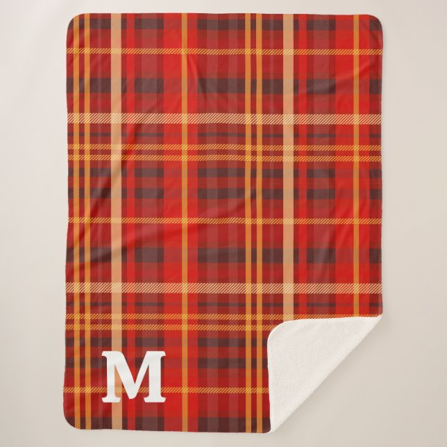 Elegant Red Black Plaid tartan Monogram  Sherpa Blanket (Front)
