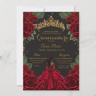 Elegant Red Black Quinceañera Roses Gold Glitter Invitation