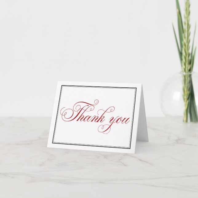 Elegant Red Black White Script Thank You Note Card (Front)