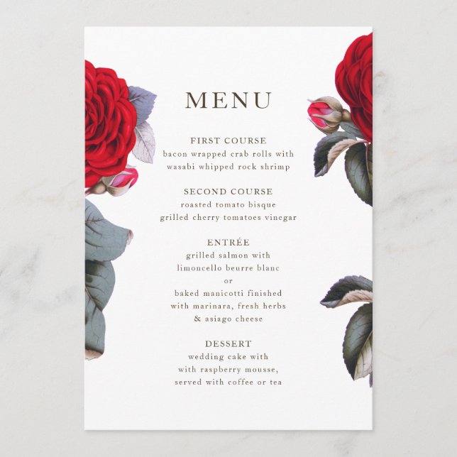 Elegant red blossom rose. Summer Chic Wedding Menu (Front)