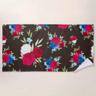 Elegant Red Blue Floral Pattern on Dark Brown Beach Towel