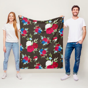 Elegant Red Blue Floral Pattern on Dark Brown Fleece Blanket