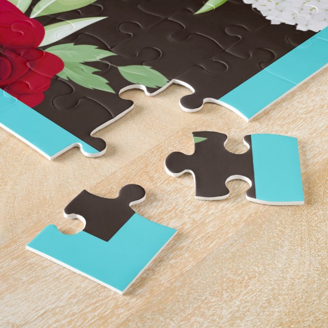 Elegant Red Blue Floral Pattern on Dark Brown Jigsaw Puzzle (Side)