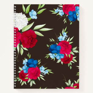 Elegant Red Blue Floral Pattern on Dark Brown Notebook