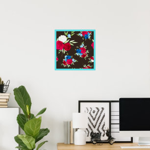 Elegant Red Blue Floral Pattern on Dark Brown Poster