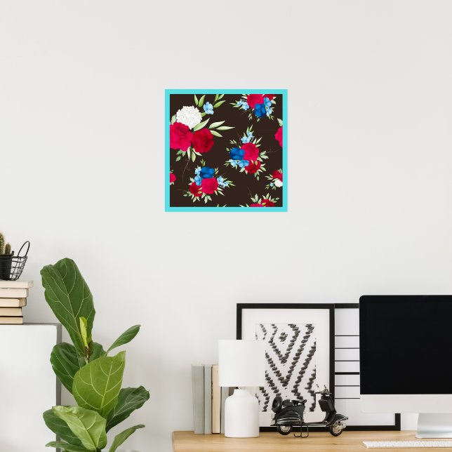 Elegant Red Blue Floral Pattern on Dark Brown Poster (Home Office)