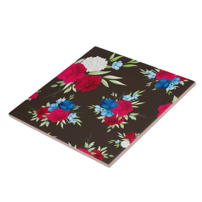 Elegant Red Blue Floral Pattern on Dark Brown Tile (Side)