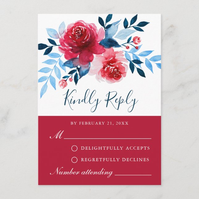 Elegant Red Blue Floral Watercolor Roses RSVP Card (Front)