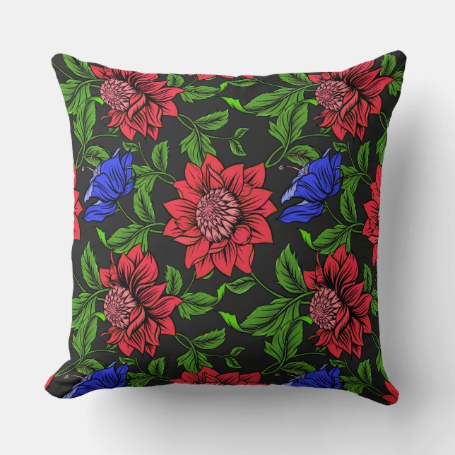 Elegant Red Blue Flower Black Background Cushion (Front)