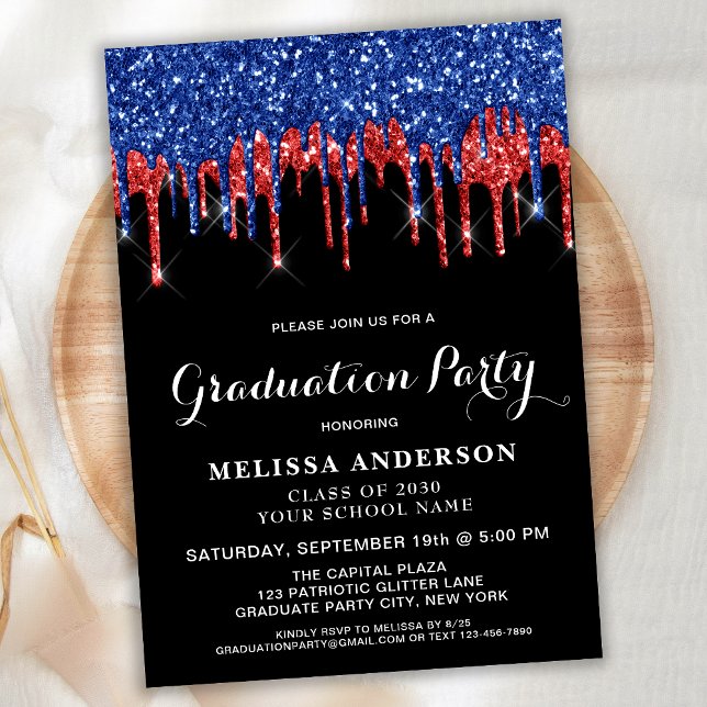 Elegant Red Blue Glitter Drip Patriotic Graduation Invitation (Creator Uploaded)