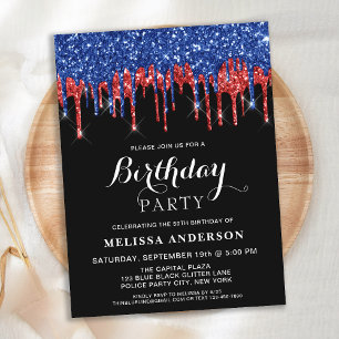 Elegant Red Blue Glitter Drips Patriotic Birthday Invitation Postcard