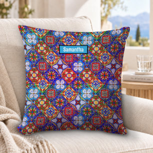 Elegant Red Blue Mexican Talavera Pattern Tiles Cushion