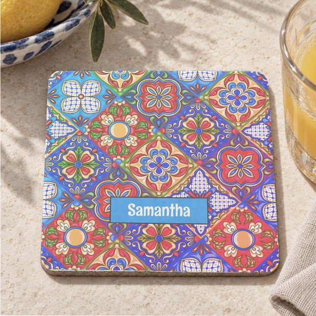 Elegant Red Blue Mexican Talavera Tile Pattern Stone Coaster (Creator Uploaded)