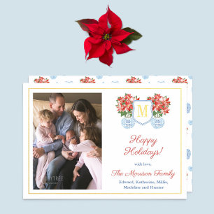 Elegant Red Blue Poinsettia Family Picture Gold