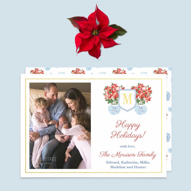 Elegant Red Blue Poinsettia Family Picture Gold (Festive red poinsettia ginger jar holidays card with gold foil (real foil))