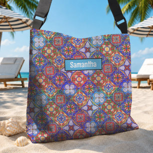 Elegant Red Blue Purple Mexican Talavera Tiles Crossbody Bag