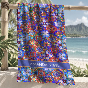 Elegant Red Blue Purple Talavera Tile Pattern Beach Towel