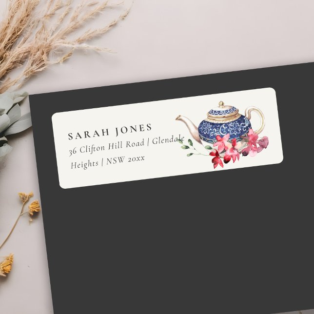 Elegant Red Blue Teapot Floral Tea Party Address (Creator Uploaded)