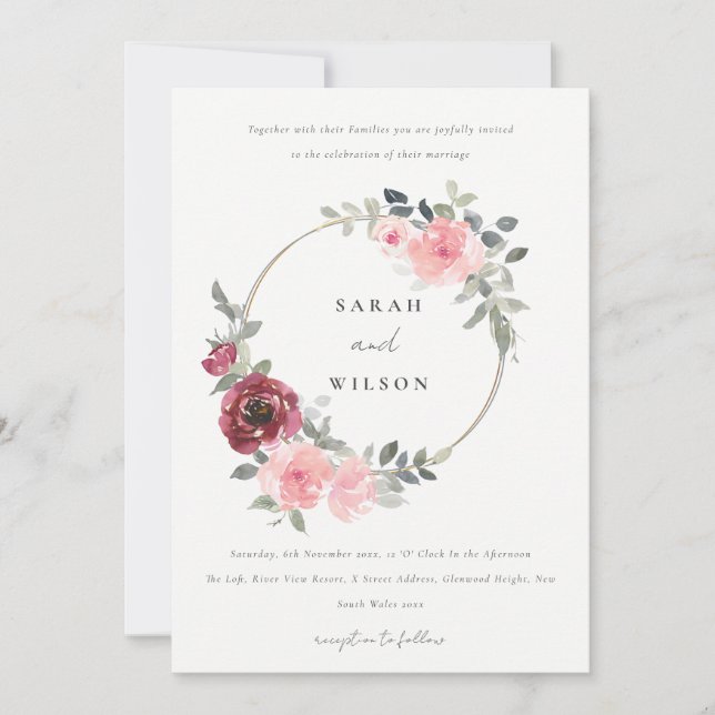 ELEGANT RED BLUSH BURGUNDY FLORAL WEDDING INVITE (Front)