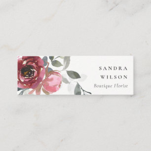 ELEGANT RED BLUSH BURGUNDY WATERCOLOR ROSE FLORAL MINI BUSINESS CARD
