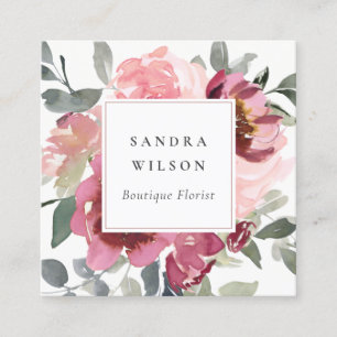 ELEGANT RED BLUSH BURGUNDY WATERCOLOR ROSE FLORAL SQUARE BUSINESS CARD