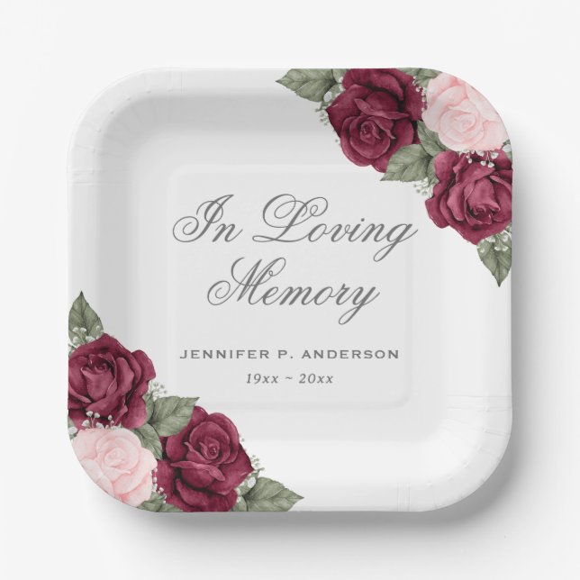 Elegant Red Blush Pink Floral Memorial Funeral Paper Plate (Front)