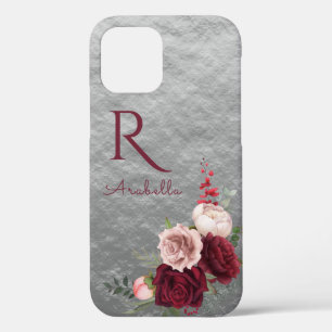 Elegant Red Blush Roses with Monogram on Grey  iPhone 12 Case