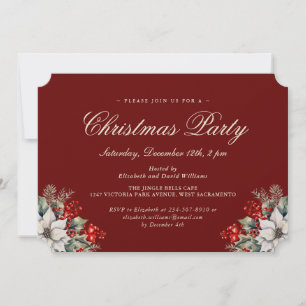 Elegant Red Botanical Christmas Holiday Party Invitation