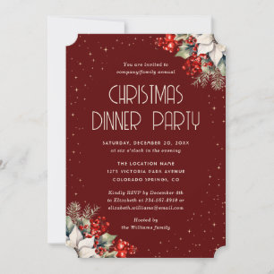 Elegant Red Botanical Christmas Holiday Party Invitation