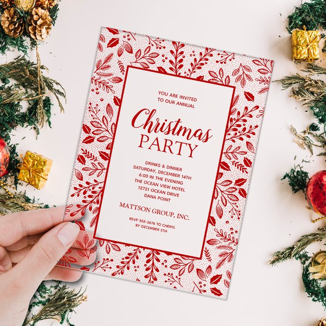 Elegant Red Botanicals Christmas Party Acrylic Invitations (Elegant red botanicals border CLEAR ACRYLIC Christmas holiday party invitations)