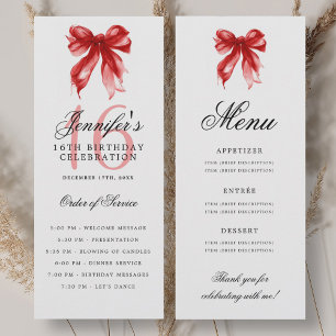 Elegant Red Bow 16th Birthday Program Menu Invitation