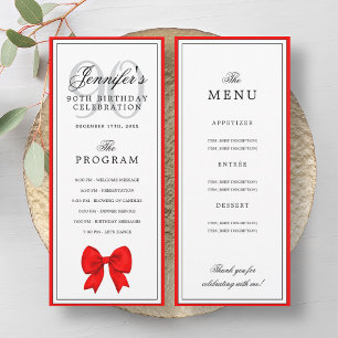 Elegant Red Bow 90th Birthday Program + Menu Invitation