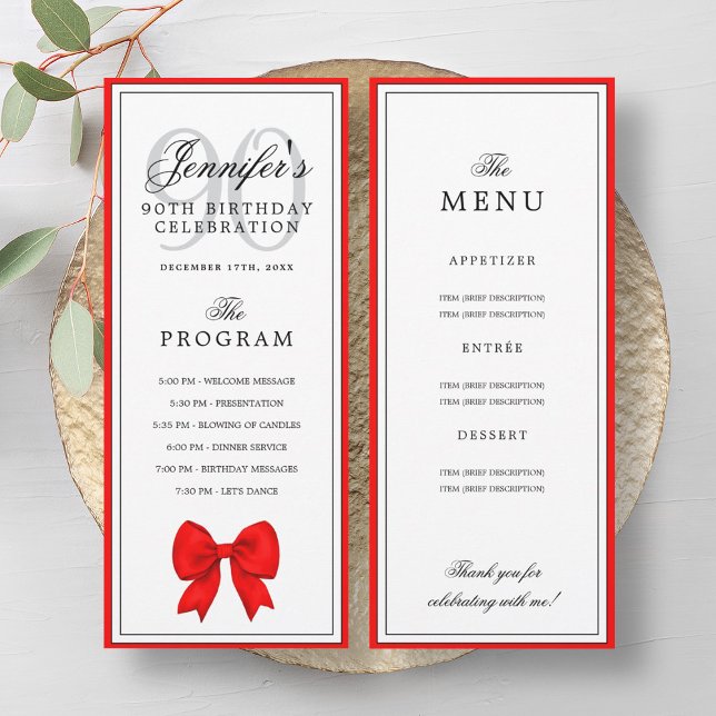 Elegant Red Bow 90th Birthday Program + Menu  Invitation (Elegant Red Bow 90th Birthday Program + Menu)