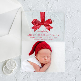 Elegant Red Bow Acrylic Holiday Birth Announcement