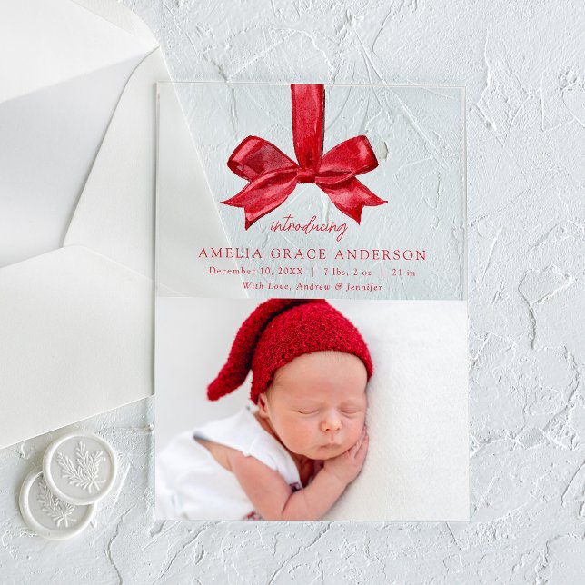 Elegant Red Bow Acrylic Holiday Birth Announcement (Creator Uploaded)
