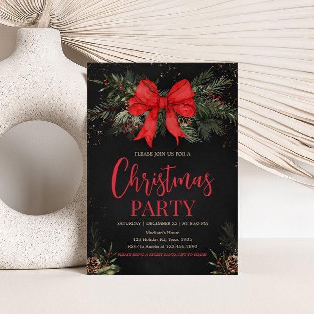 Elegant Red Bow Adult Company Christmas Party Invitation (Elegant Adult Company Christmas Party Invitation)