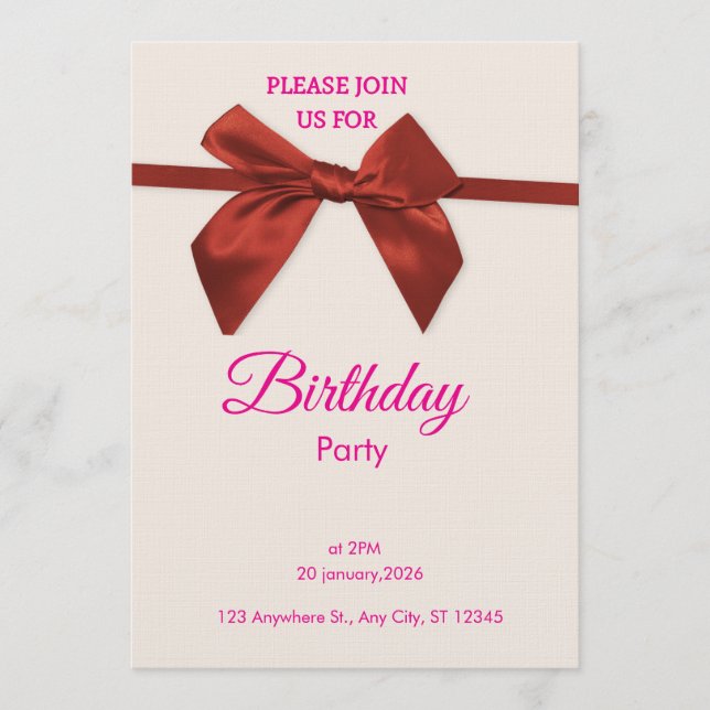 Elegant Red Bow Birthday Invitation  (Front)