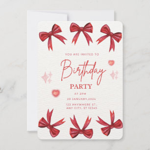 Elegant Red Bow Birthday Party Invitation