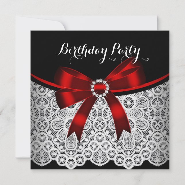 Elegant Red Bow Black Lace White Birthday Party 2 Invitation (Front)