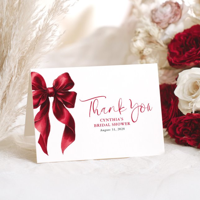 Elegant Red Bow Bridal Shower Thank You Card (Red Bow Thank You Cards)