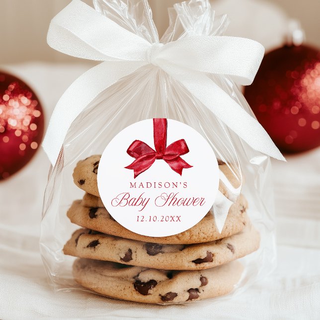 Elegant Red Bow Christmas Baby Shower Classic Round Sticker (Creator Uploaded)