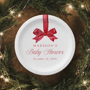 Elegant Red Bow Christmas Baby Shower Paper Plate