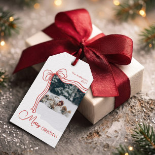 Elegant Red Bow Christmas Family Photo Gift Tags