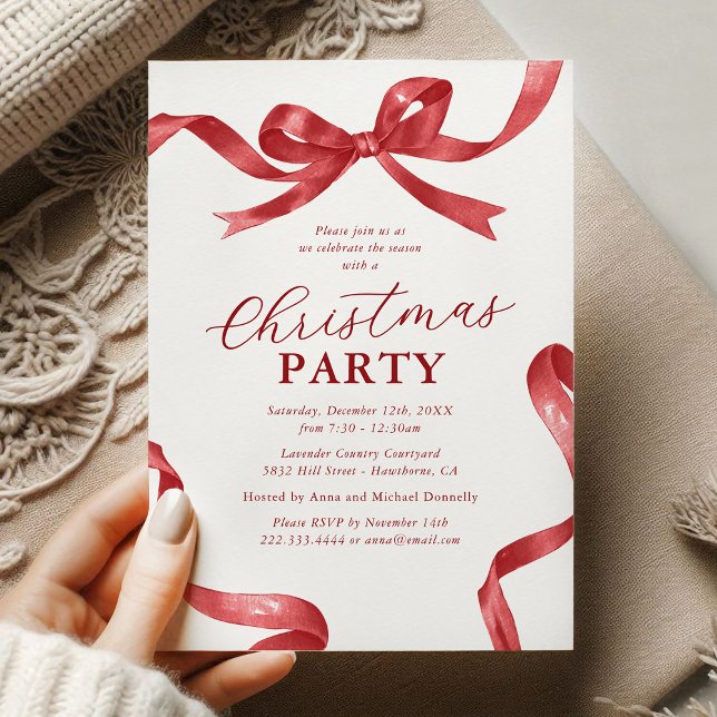 Elegant Red Bow Christmas Holiday Party Invitation (Creator Uploaded)