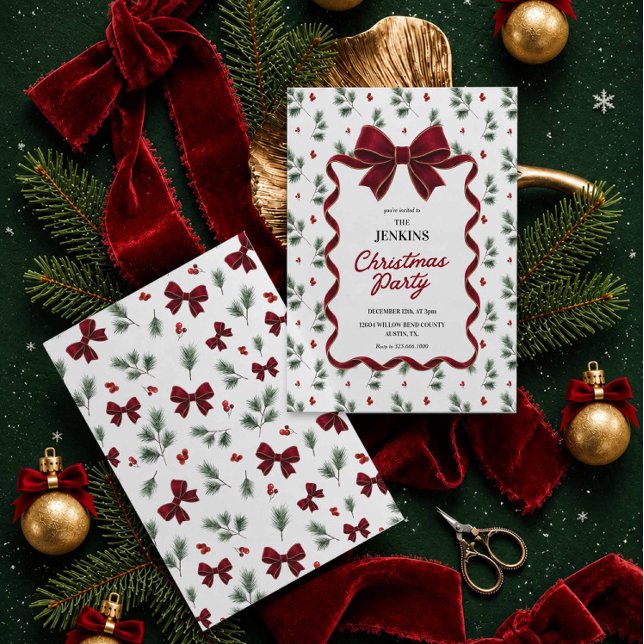Elegant Red Bow Christmas Party Invitation (Elegant Red bow and Winter Greenery Christmas Party Invitation )