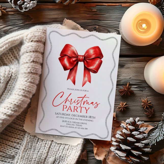 Elegant Red Bow Christmas Party Invitation (Creator Uploaded)
