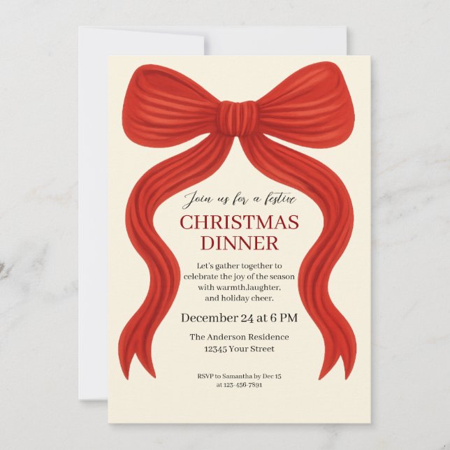 Elegant Red Bow Christmas Party -  Invitation (Front)