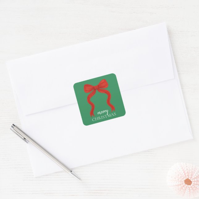 Elegant Red Bow Christmas Party -  Square Sticker (Envelope)