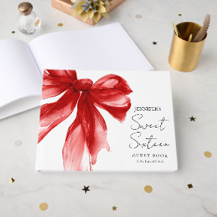 Elegant Red Bow Coquette Script Sweet 16  Guest Book