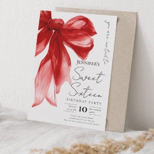 Elegant Red Bow Coquette Script Sweet 16 Party Invitation